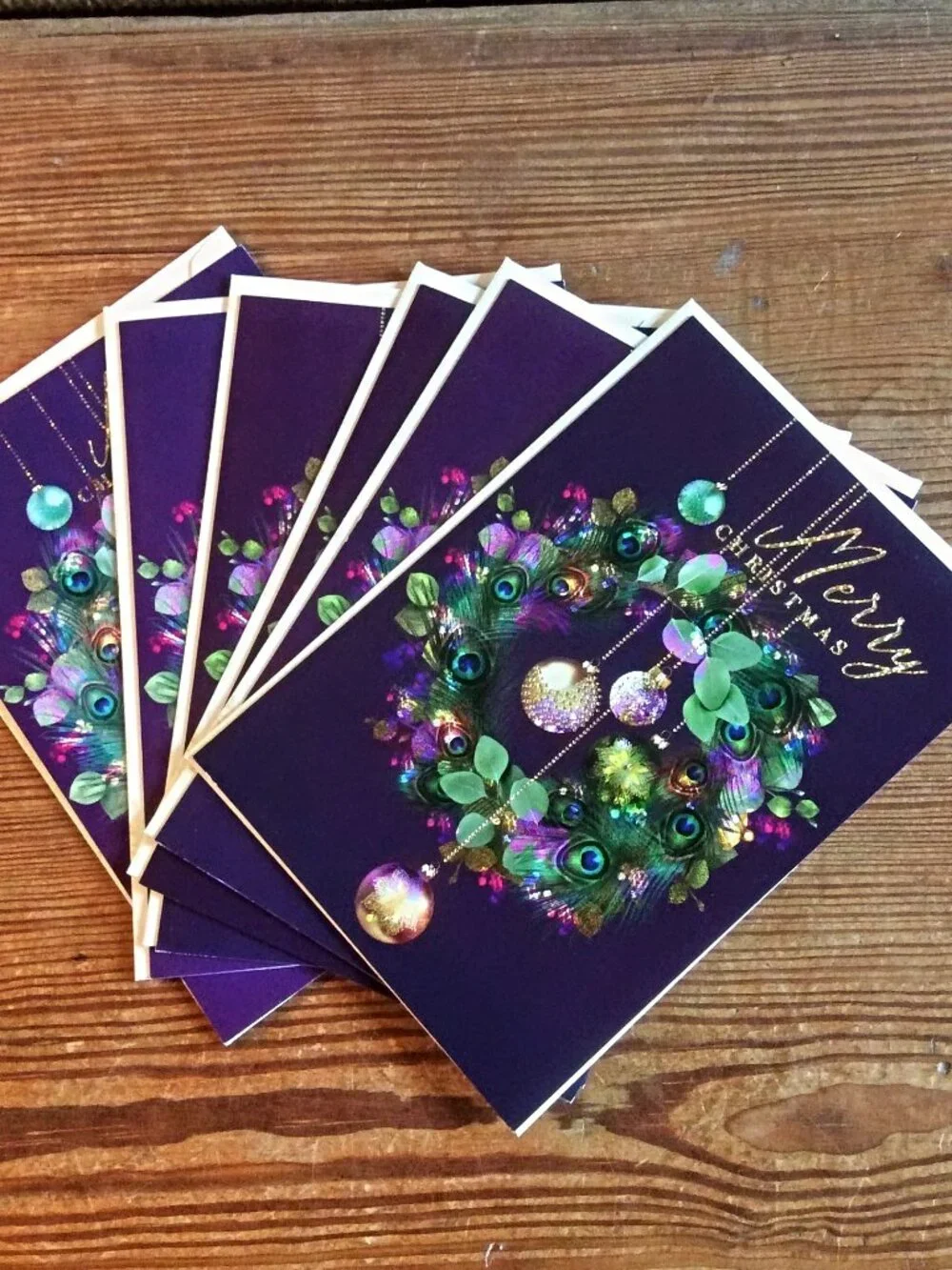 Set of 6 Vintage Merry Christmas Cards Envelopes Peacock Feather Wreath Unused